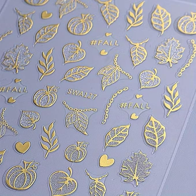 6Pcs Fall Nail Art Stickers Autumn Maple Leaf Nail Decals 3D Self-Adhesive Fallen Leaves Nail Stickers Cute Pumpkin Chain Nails Supplies Thanksgiving Manicure Sliders for Women Nails Art Decorations