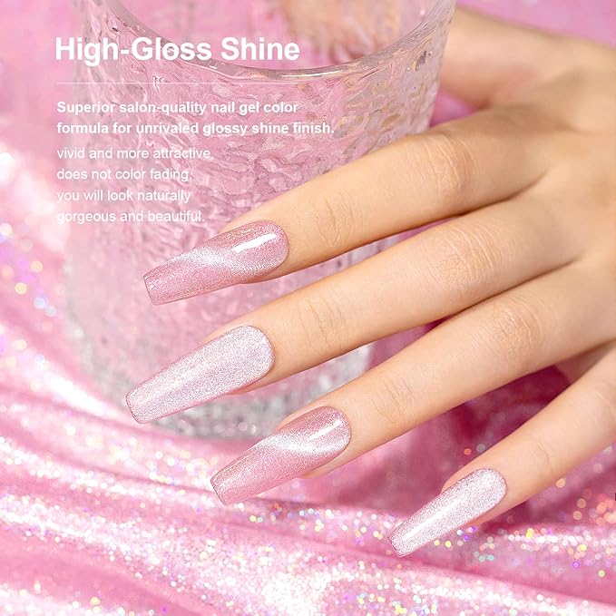 RARJSM Aurora Cat Eye Gel Nail Polish Velvet Silver Glitter Champagne Pink Galaxy Star Cloud Ice Gel Polish with Magnet Stick Single Bottle 15ml UV LED Curing Requires Soak Off Home Salon