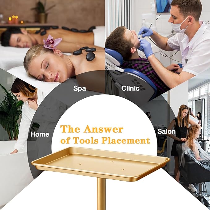 Salon Tray, Gold Salon Rolling Tray, Height-Adjustable, Also Use as Tattoo Tray and Dental Tray（Golden）