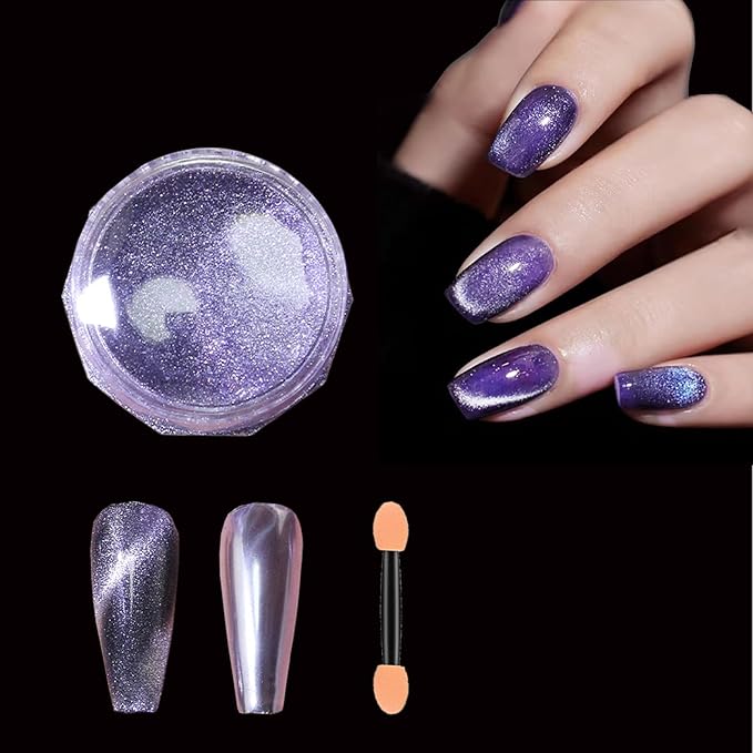 WEILUSI Cat Eye Chrome Powder Holographic Purple Magnetic Powder Glitter Mirror Effect 9D Cat Eye Effect Nail Pigment Glitter Galaxy Effect Dust for Nail Art Manicure Gel Polish