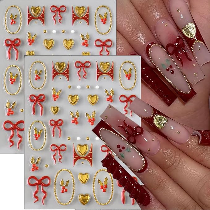 2Sheets Christmas Nail Art Stickers 5D Embossed Winter Nails Decals French Nail Stickers for Nail Art Self Adhesive Red Gold Heart Bow Design Christmas Sticker for Women Holiday DIY Manicure Supplies