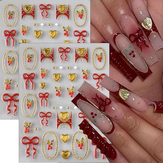 2Sheets Christmas Nail Art Stickers 5D Embossed Winter Nails Decals French Nail Stickers for Nail Art Self Adhesive Red Gold Heart Bow Design Christmas Sticker for Women Holiday DIY Manicure Supplies