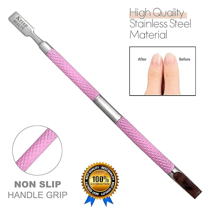 Cuticle Pusher Tool - Dual Sided Sharp Edge Spoon Shaped Double Ended Cuticle Pusher Remover Cuticle Cleaner Stainless Steel Manicure Pedicure Nail Art Care Tools Set 1 Pc By Krisp Beauty (Pink)