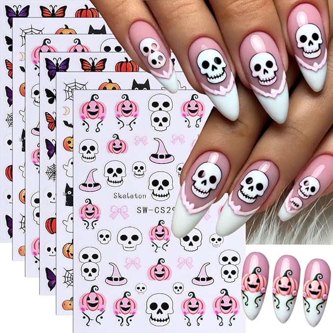 6Pcs Halloween Nail Stickers Butterfly Skull Nail Decals DIY Self Adhesive Cartoon Pumpkin Cat Ghost Web Nail Design Halloween Nail Decoration Supplies Holiday Manicure Accessories for Women Girls