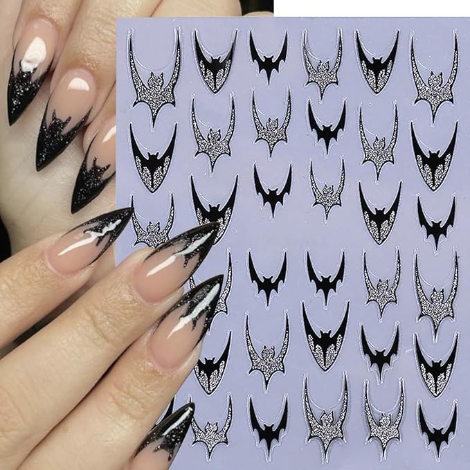 6 Sheets Halloween Bat Nail Stickers for Nail Art 3D Self Adhesive Gothic Bat Nail Decals with Exquisite Gold Silver Glitter French Nail Designs Stickers Holiday Decoration Nails Supply for Women DIY