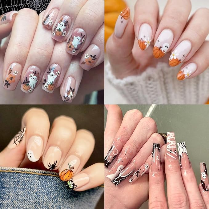 4Pcs Halloween Nail Stickers Cute Flower Ghost Nail Decals 3D Goth Spider Nail Art Stickers Mummy Bandage Pumpkin Skeleton Nail Design Sticker French Cat Halloween Nails Supplies Decoration for Women