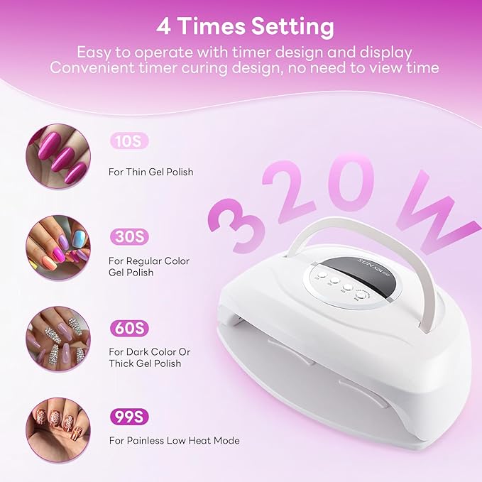 320W UV LED Nail Lamp, Professional UV Nail Dryer Light with 84Pcs LED Beads, Fast Gel Curing 4 Timer Setting Auto Sensor, Portable Handle Gel Polish for Salon and Home Nail Art Tools