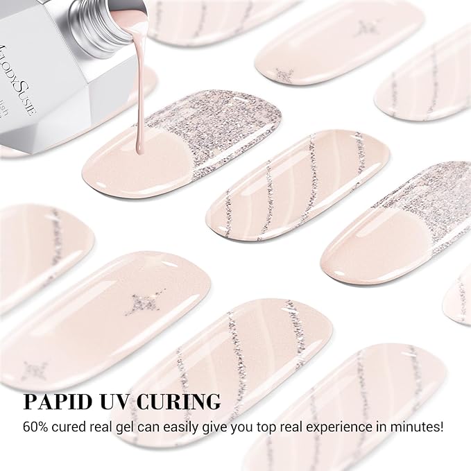 MelodySusie Semi Cured Gel Nail Strips (Glitter French Tips), Works with Nail Lamp, Salon Quality, Long Lasting, Easy to Apply and Remove, Includes 20Pcs, 2 Prep Pads, Nail File and Wooden Stick
