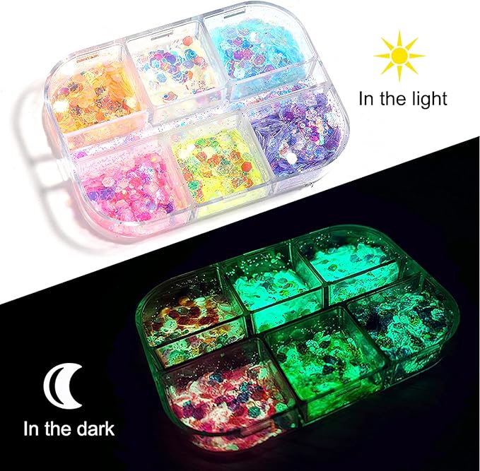 Luminous Nail Glitter Sequins Fluorescent Iridescent Mixed Hexagon Flakes Decoration Holographic 3D Glow Ultra-Thin Confetti Nails Supplies for Women Girls Manicure Tips DIY Crafts Makeup (6 Colors)