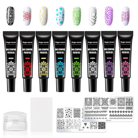 Nail Stamping Gel Polish Kit 2pcs Templates 8 Colors Nail Stamping Polish Gel Unleash Your Creativity with Our Kit Ideal for Home User Salon SET5