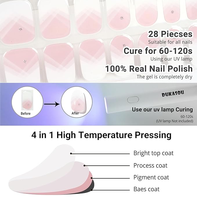 Semi Cured Gel Nail Strips, Overlap French | 28 pcs Gel Nail Stickers Wraps, Work with Any UV Lamp, Salon Quality, Easy to Apply for Home DIY