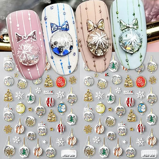 Christmas Nail Art Stickers 5D Embossed Light Balls Nail Decals with Xmas Tree Snowman Snowflakes Design Gold Glitter Nail Stickers Acrylic Nail Supplies for Women DIY Christmas Decorations 2 Sheets