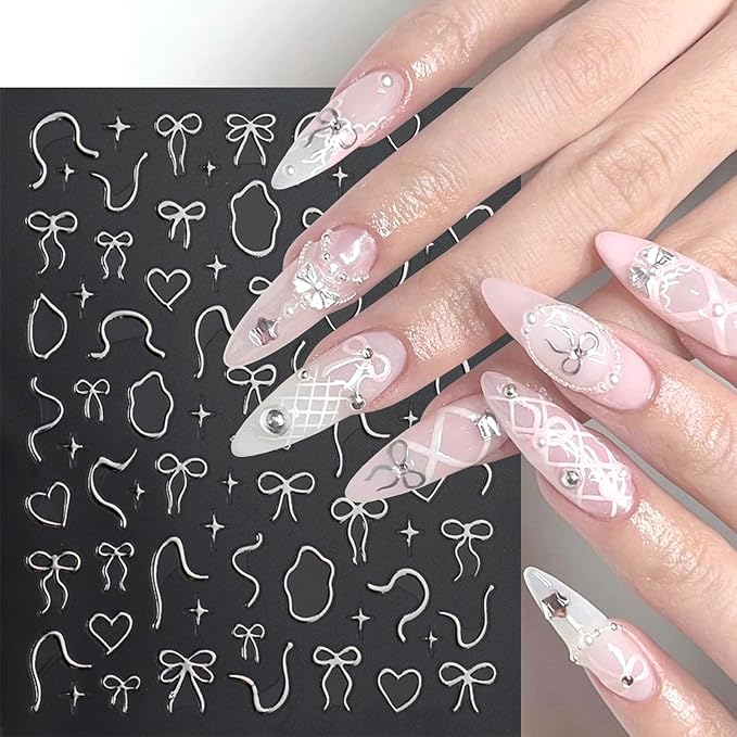 4Sheets Gold Silver Bows Nail Art Stickers 3D Cute Red Bows Heart Nail Decals for Acrylic Nails Self-Adhesive Irregular Lines Designs Nail Stickers Love Star Nail Decal for Women DIY Manicure Decor