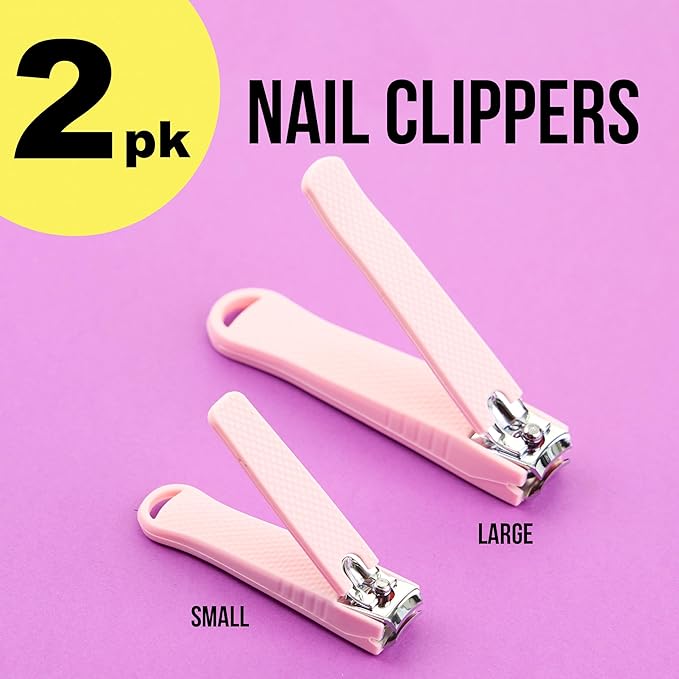 2pc Nail Clipper Set - Big & Small Precision Nail Clippers Value Pack, Water-Resistant Pink Nail Clippers with Comfortable Silicone Grip (Light Pink)