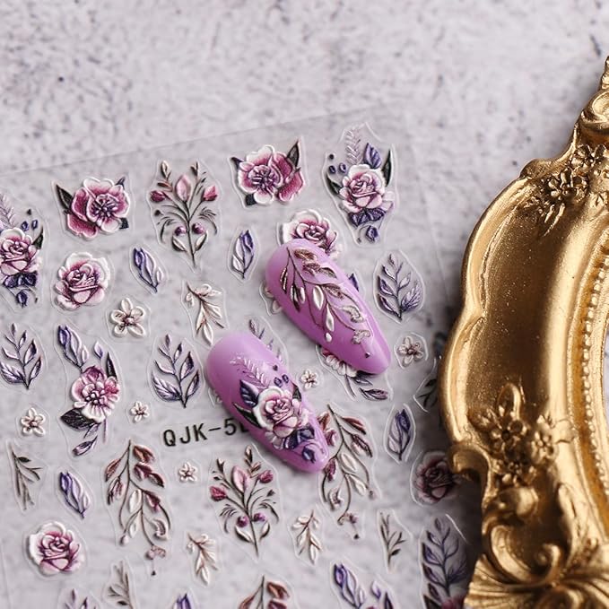 JMEOWIO 3D Embossed Flower Nail Art Stickers Decals Self-Adhesive 5D Spring Summer Floral Nail Supplies Nail Art Design Decoration Accessories 4 Sheets