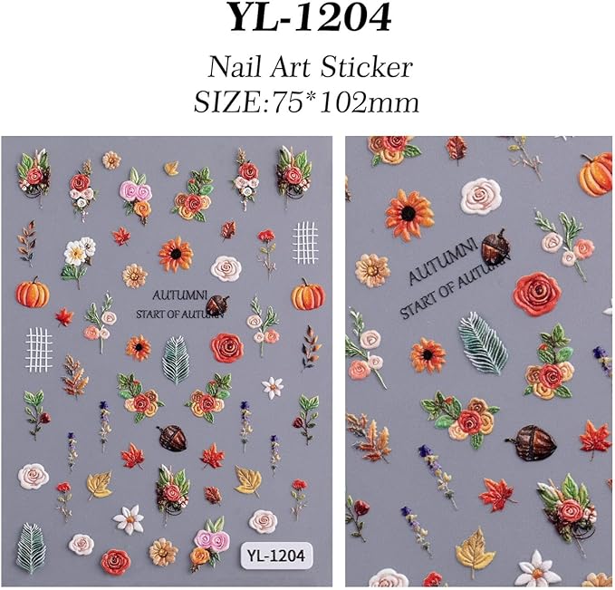 Fall Nail Art Stickers Decals 5D Embossed Maple Leaf Nail Decals Autumn Nails Stickers Pumpkin Colorful Flower Pine Cones Autumn Nail Supplies for Women Thanksgiving Day Acrylic Manicure Decoration