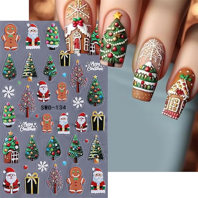 Christmas Nail Art Stickers Color Light Nail Decals with Christmas Tree Santa Claus Snowman Design 3D Self-Adhesive Gold Bow Nail Stickers Acrylic Nail Supplies for Women DIY Xmas Decor 2 Sheets