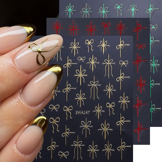 6Pcs Christmas Nail Art Stickers 3D Bow French Tips Line & Gold Red Green Christmas Bow Designs Xmas Nail Supplies French Nail Tip Foils Winter New Year Manicure Decoration Accessories