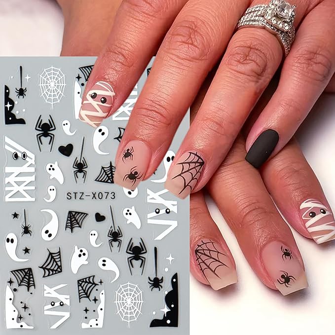 6 Sheets Halloween Nail Art Stickers 3D Self Adhesive Cute Nail Stickers Halloween Nail Art Decals Ghost Spider Web Butterfly Heart Nails Design Manicure Decorations for Women DIY Nail Supplies
