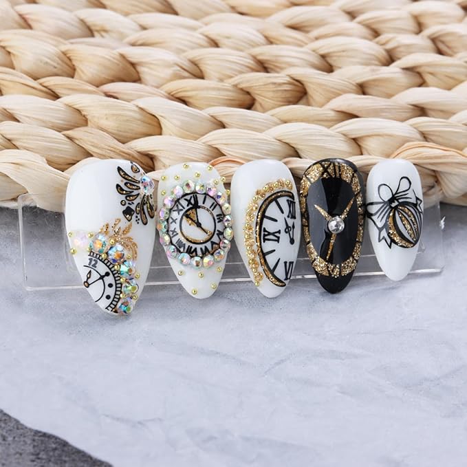 6PCS Clock Nail Art Stickers New Year Nail Decals 3D Self-Adhesive Gold Glitter Nail Stickers Clock Wine Glass Christmas Ball Fireworks Design Countdown Nails Supplies for Women Christmas Nails Decor