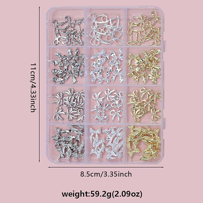 96Pcs/Box 3D Metal Bow Nail Art Charm Gold/Silver Alloy Bows Nail Charm for Nails Art 3D Alloy Bow Tie Jewelry Nail Rhinestone Kawaii Nail Crafts Decor DIY Accessories Manicure Designs Supplies