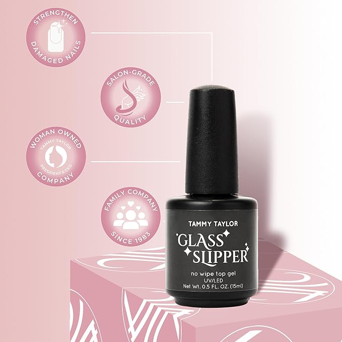 Tammy Taylor Glass Slipper No Wipe Gel Top Coat Nail Polish, Professional UV/LED Quick Cure Manicure Finish, Non Yellowing, No Chip, High Gloss Clear Gel Polish for Acrylic Tips and Gelegance