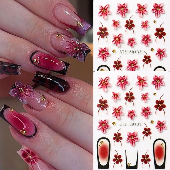 Leopard Print Nail Art Stickers Decals French Tip Nails Stickers 5D Embossed Flower Nails Decal Self-Adhesive Nail Art Decal for Women Manicure Decor