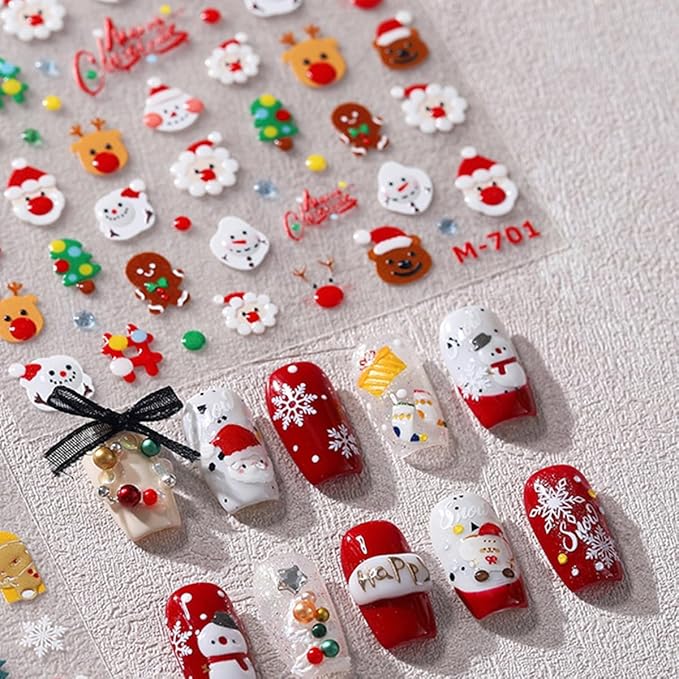 5D Christmas Nail Art Stickers Embossed Self Adhesive Nail Decals Cute Snowman Elk Santa Claus Snowflake Bell Nail Design Winter Xmas Nail Supplies for Women New Year Nail Decoration Accessories