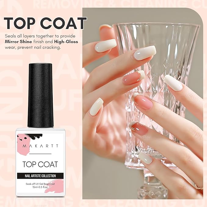 Makartt Gel Top Coat No Wipe, 15ML Clear Top Coat Gel Nail Polish, High Gloss Shine Finish Long Lasting Soak Off UV Nail Lamp Need for Acrylic Nails, Salon Quality Home DIY Manicure