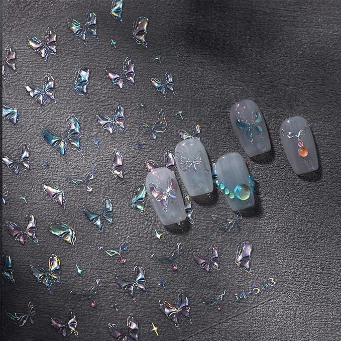 Aurora Laser Butterfly Nail Stickers - 5D Embossed, Holographic Design, Self-Adhesive Decals for Women's Nail Art Decoration