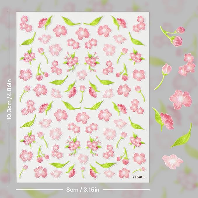 Flower Nail Stickers for Nail Art - Peach Blossom Nail Art Sticker Floral Embossed Nail Decals Self-Adhesive Nails Supply Manicure Stickers for Nails Decoration