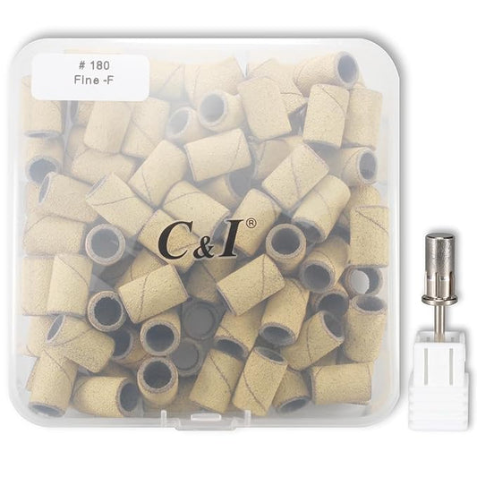 C & I Nail Sanding Bands 100 PCS Plus Upgrade Mandrel 1 PC, Nail Drill Bits for Acrylic Gel Nails Remove, Natural Nails Buffer for Nail Prep and Nail Shiner (Yellow, #180 Fine)