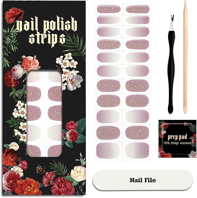 Nail Polish Strips - 22 Pcs Salon Quality Gel Nail Stickers - Long Lasting Wraps (Dancing Queen Eggplant Glitter)