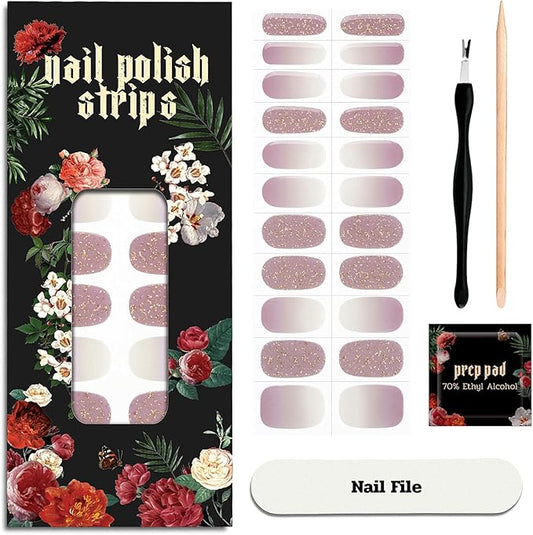 Nail Polish Strips - 22 Pcs Salon Quality Gel Nail Stickers - Long Lasting Wraps (Dancing Queen Eggplant Glitter)