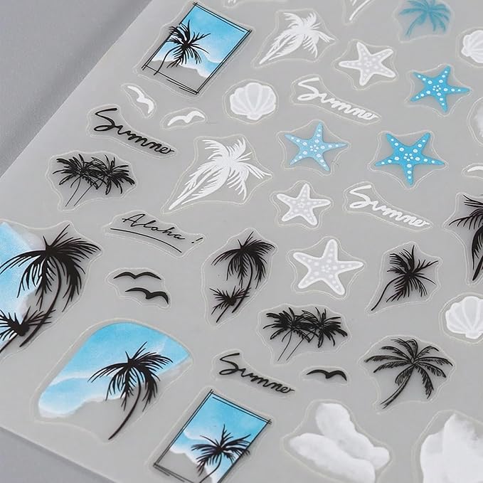 Summer Palm Tree Nail Art Stickers - Beach Sea Wave Self-Adhesive Nail Decals for DIY Shell Sea Star Jellyfish Coconut Tree Manicure (3 Sheets)