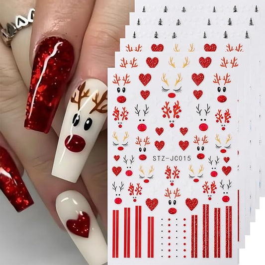 6 Sheets Christmas Nail Stickers for Nail Art WLGDLH 3D Self Adhesive Red Blue Glitter Nail Art Stickers Winter Penguin Nail Decals Elk Deer Nail Supplies for Women DIY Christmas Decorations