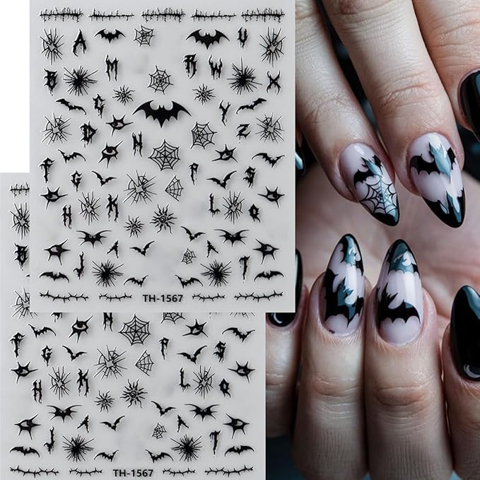 6Pcs Halloween Nail Stickers 3D Spider Web Skull Goth Nails Decals Black Skeleton Hand Bone Bat Spiders Nails Design Ghost Stickers Horror Halloween Nail Art Supplies for Women DIY Manicure Decoration