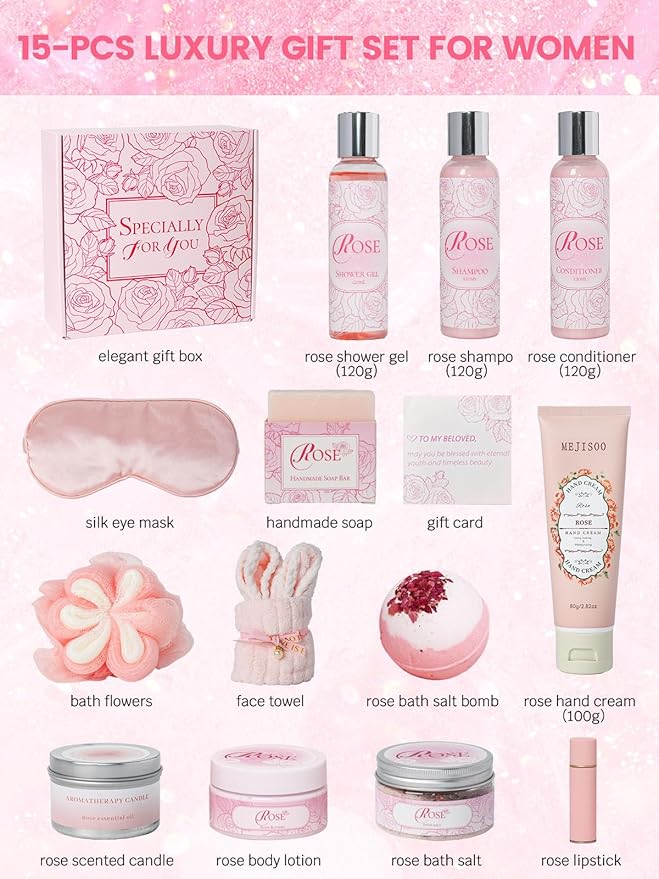 Spa Gifts for Women -15Pcs Self Care Set with Rose Bath & Body Essentials, Christmas/ Mothers Day/ Birthday/ Thinking of You Gifts Baskets Relaxing Spa Kit Self Care Package Thank You Box for New Mom
