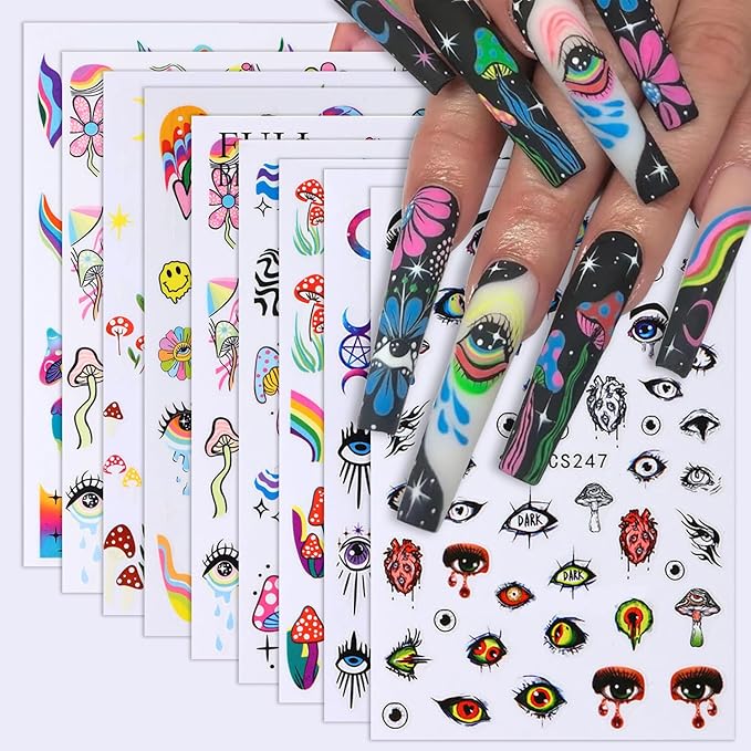 8 Sheets Nail Art Stickers Graffiti Flower Evil Eye 3D Self-Adhesive Nail Decals Rainbow Mushroom Star Moon Designs Nail Decorations Summer Nail Stickers Colorful Nail Supplies for Women DIY Manicure