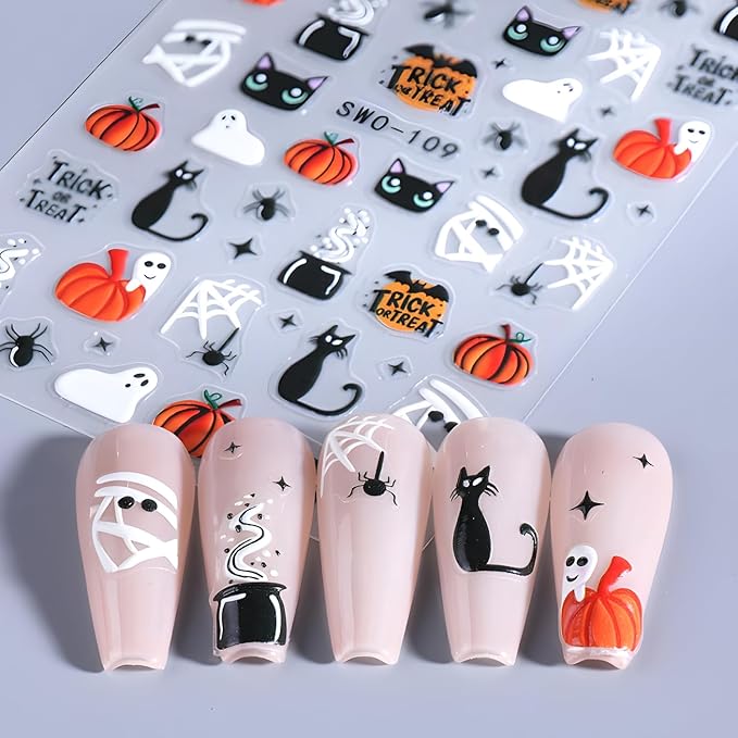 4 Sheets Halloween Nail Art Stickers Ghost Nail Art Stickers 5D Self-Adhesive Spider Nail Decals with Flower Design Pumpkin Black Cat Nails Art Spider Web Nail Supplies for Women