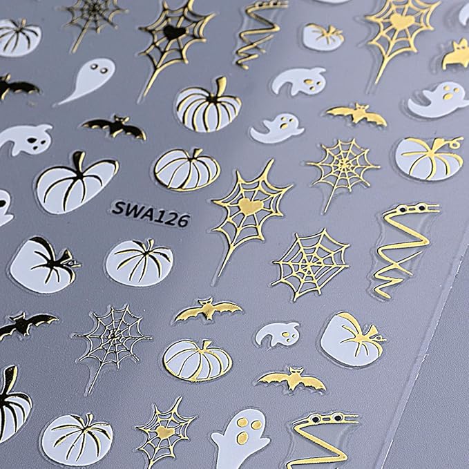4 Sheets Halloween Nail Stickers for Nail Art 3D Self Adhesive Gold Glitter Nail Art Stickers Spider Web Pumpkin Nail Decals Fall Maple Leaf Nail Supplies for Women DIY Christmas Decorations