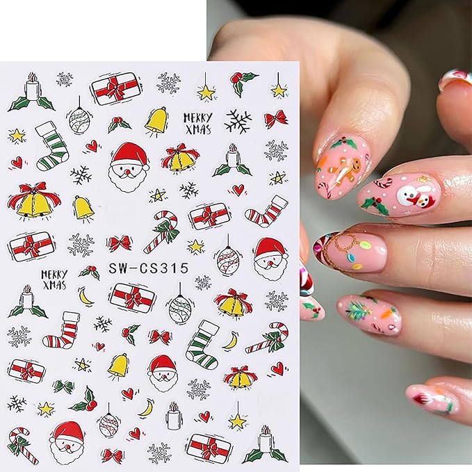 6 Sheets Christmas Nail Stickers for Nail Art Cute Xmas Candy Gingerbread Men Santa Claus Nail Decals 3D Self-Adhesive Bell Christmas Tree Nail Design Winter Snowflake Nail Art Stickers for Women