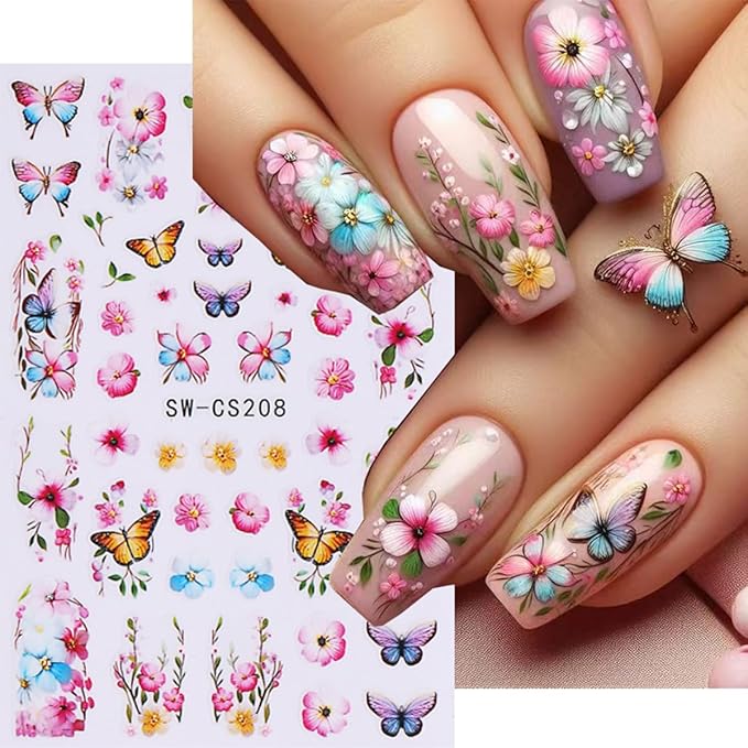 6Pcs Butterfly Nail Stickers for Nail Art Spring Flower Nail Decals French Tip Nail Art Stickers Retro Blue Pink Butterflies Floral Nail Design Supplies Cute Nail Decoration for Acrylic Nails Charm