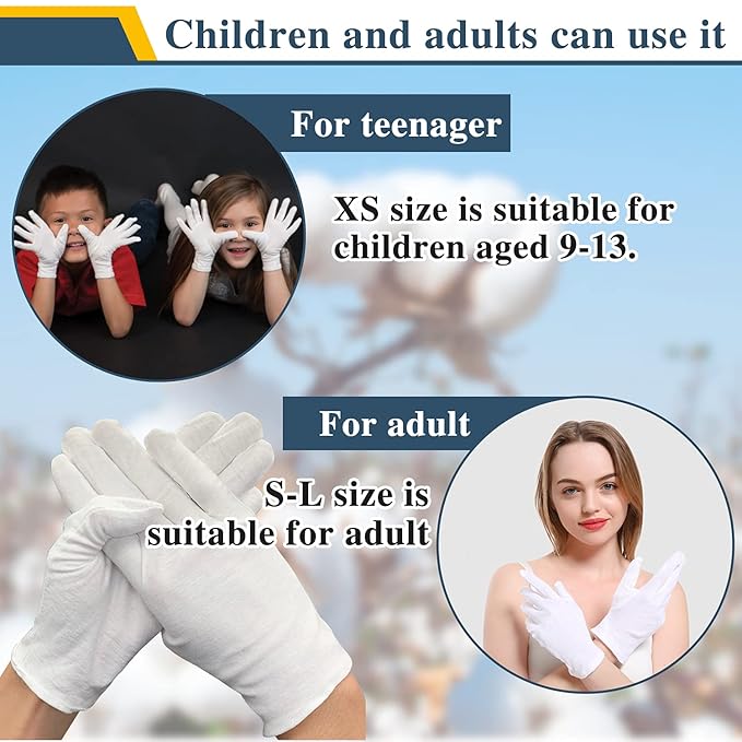 24 Pcs White Cotton Gloves for Dry Hands Moisturizing Gloves Overnight Eczema Gloves Kids Sleep Gloves for Women Cosmetic Jewelry Silver Moisturizing Inspection Gloves