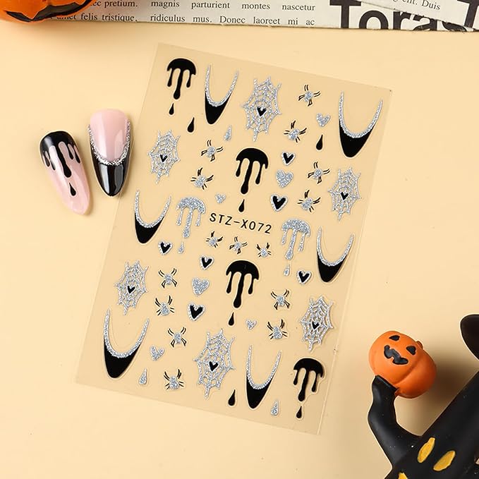 6 Sheets Halloween Nail Art Stickers 3D Self Adhesive Cute Nail Stickers Halloween Nail Art Decals Ghost Spider Web Butterfly Heart Nails Design Manicure Decorations for Women DIY Nail Supplies