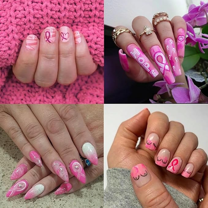 Pink Ribbon Breast Cancer Awareness Nail Stickers - 3D Self-Adhesive Pink Flower Angel Decals for Women & Girls (6Pcs)