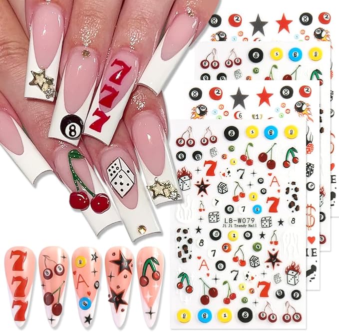 4 Sheets Pool & Dice Nail Art Stickers Decals, Cute Cartoon Style Dice Billiard Numbers Cherry Star Nail Art Design 5D Embossed Self-Adhesive Nail Decals Manicure Decorations for Women Girls