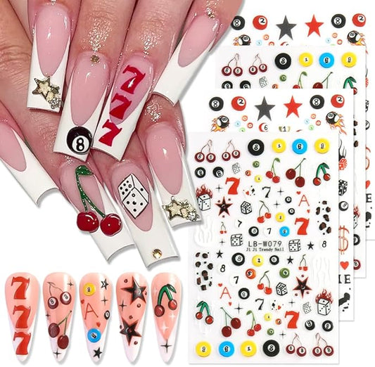 4 Sheets Pool & Dice Nail Art Stickers Decals, Cute Cartoon Style Dice Billiard Numbers Cherry Star Nail Art Design 5D Embossed Self-Adhesive Nail Decals Manicure Decorations for Women Girls