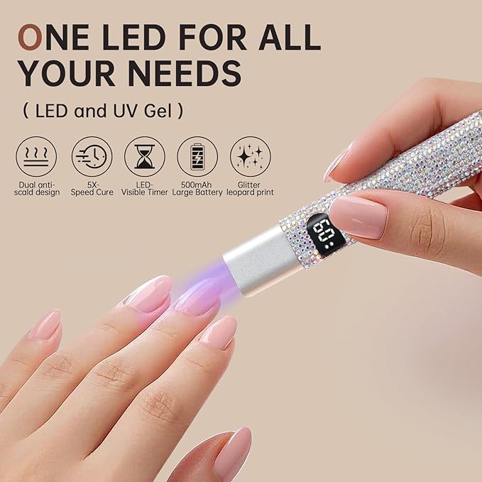 Handheld UV Light for Gel Nails,Mini LED Cordless Nail Lamp for Gel Nail Polish,Portable Flash Cure Lamp,Rechargeable USB Nail Dryer with LCD Display Fast Curing (White Diamond)