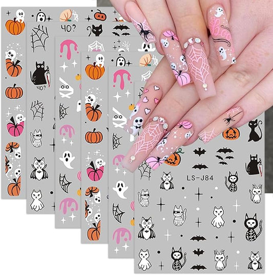 6 Sheets Halloween Nail Art Stickers 3D Cute Ghost Nail Decals Pumpkin Skull Cat Spooky Spider Web Bat Self-Adhesive Design Gothic Nail Stickers Nail Art Supplies for Women Acrylic Nails Decorations